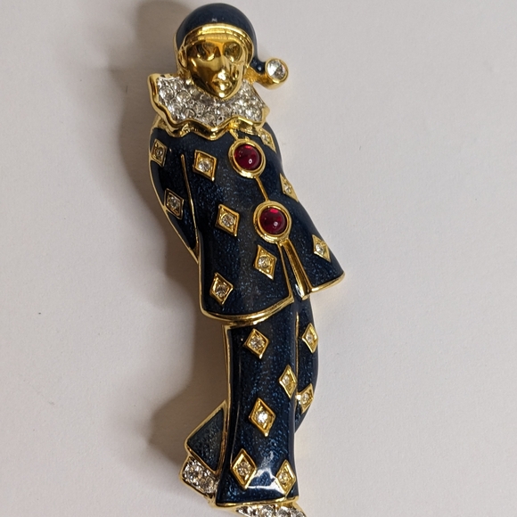 RARE Vintage Carucci Pierrot Harlequin Clown Brooch – Enamel & Rhinestones, 2.5” - Picture 7 of 11